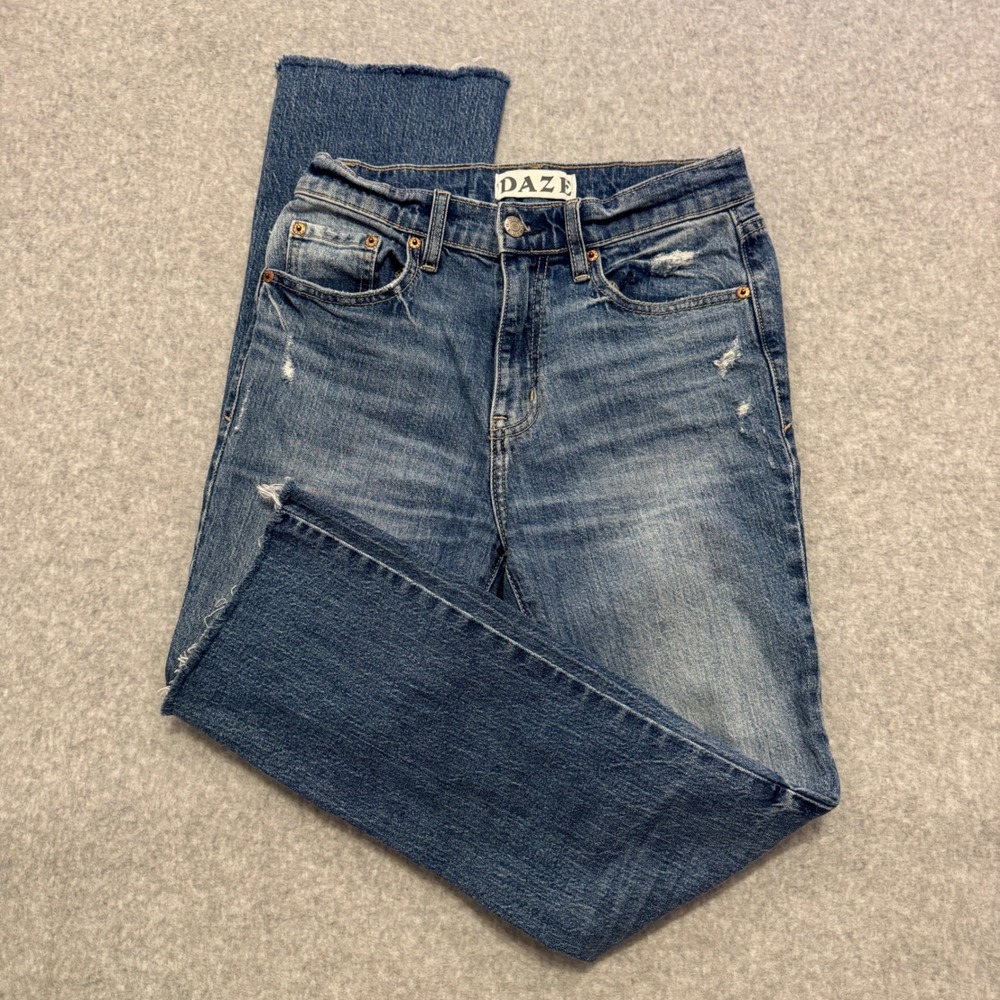 Daze Womens High Rise Distressed Straight Leg Jeans Blue Medium Wash Size 25